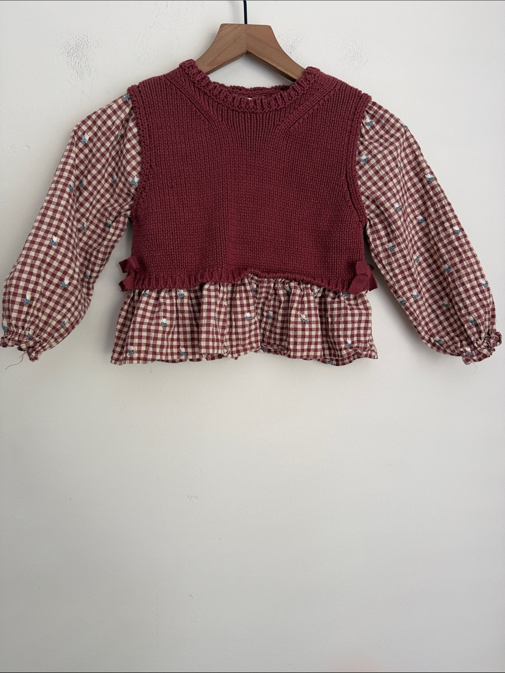 Zara Girls' Burgundy Knit Peplum Top with Gingham Sleeves 6